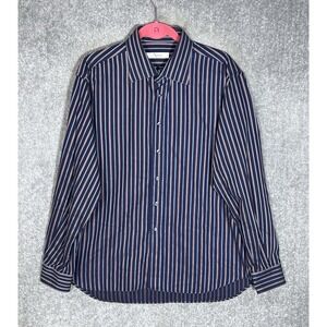 Ingram Button Up Dress Shirt Mens Sz 17.5 Blue Purple Striped Cotton Long Sleeve